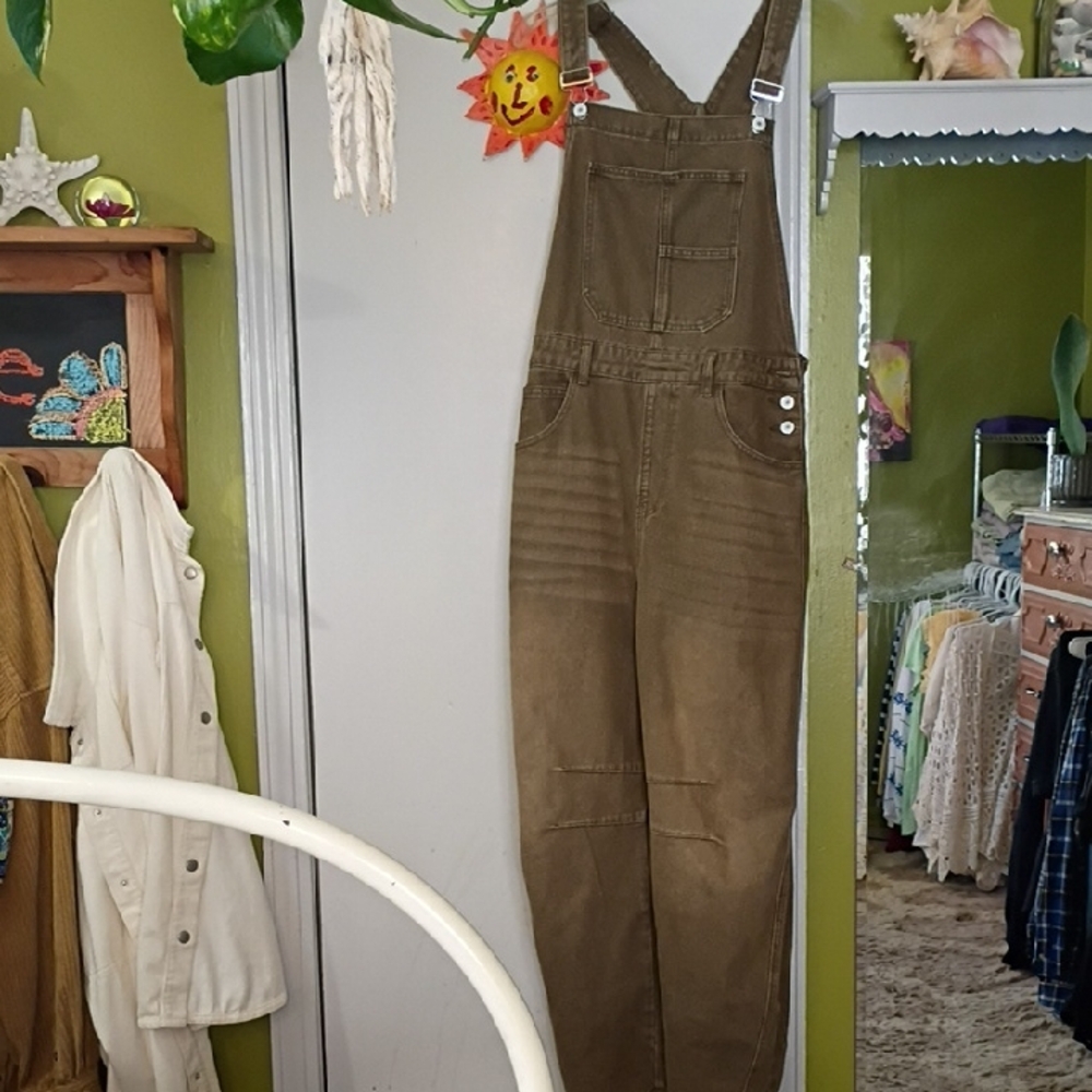 Women's Olive Green Denim Overalls with Adjustable Straps